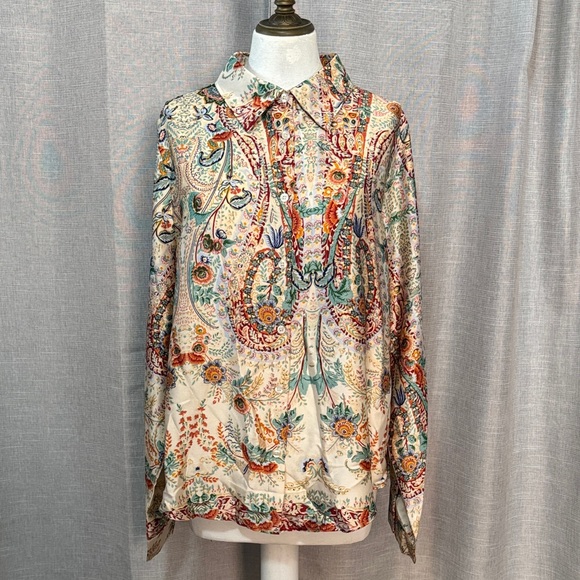 threadup Tops - Satiny Blouse-XXL-by ThreadUp-Beige/Red/Orange/Green Paisley Print-Polyester-EUC